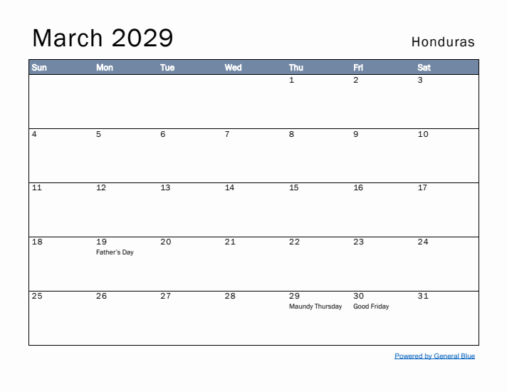 March 2029 Simple Monthly Calendar for Honduras