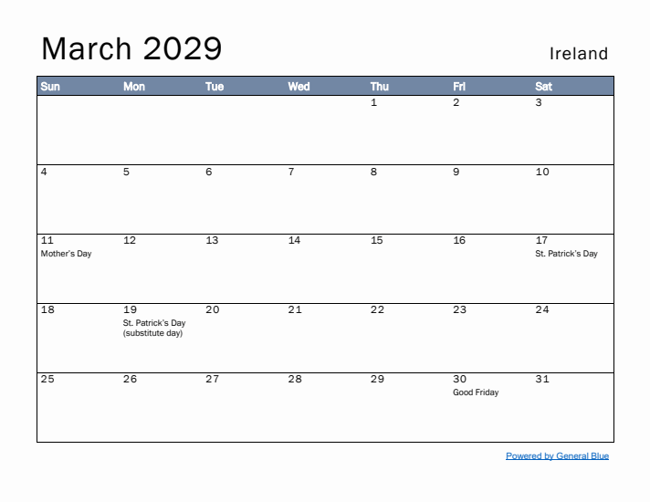 March 2029 Simple Monthly Calendar for Ireland