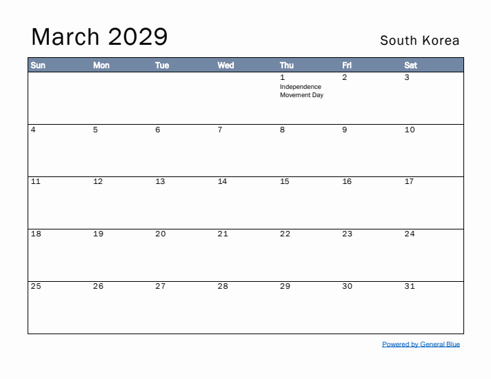 March 2029 Simple Monthly Calendar for South Korea