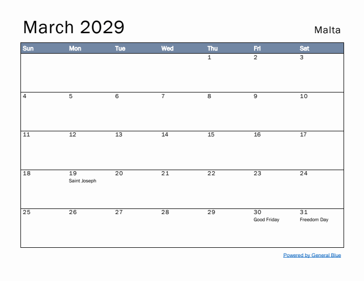 March 2029 Simple Monthly Calendar for Malta