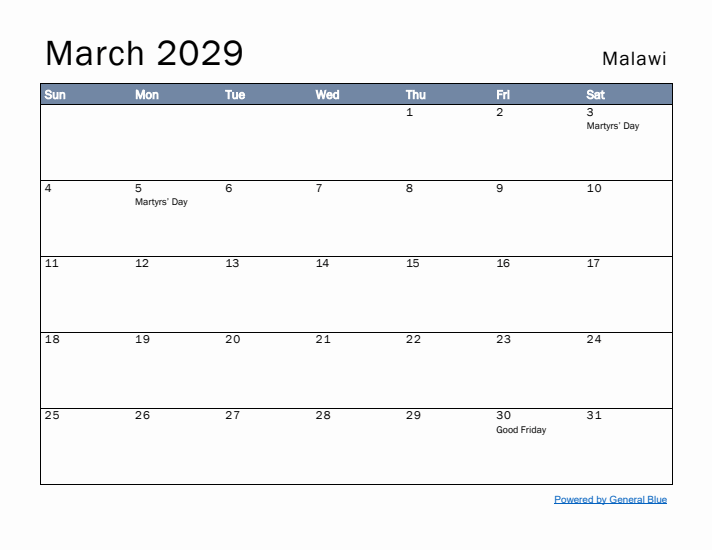 March 2029 Simple Monthly Calendar for Malawi