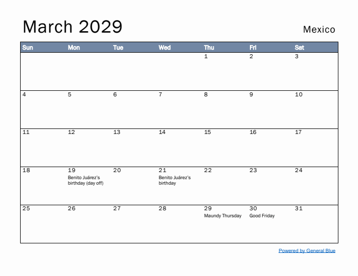 March 2029 Simple Monthly Calendar for Mexico