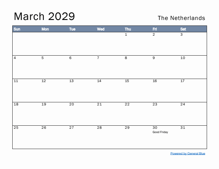 March 2029 Simple Monthly Calendar for The Netherlands