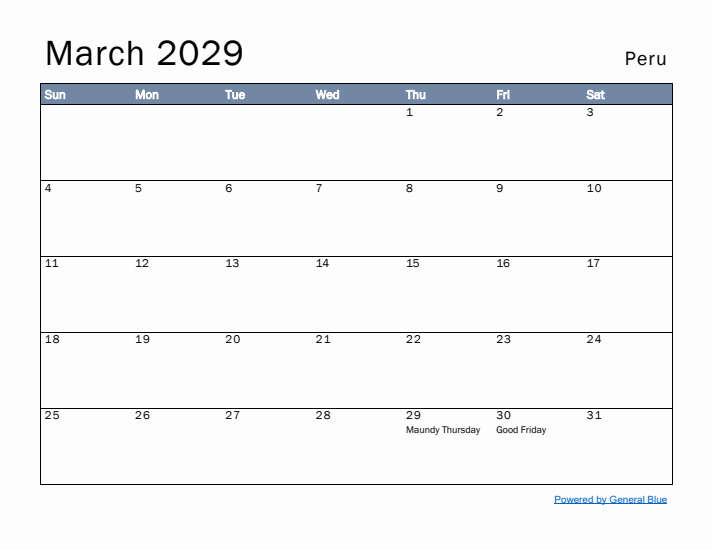 March 2029 Simple Monthly Calendar for Peru