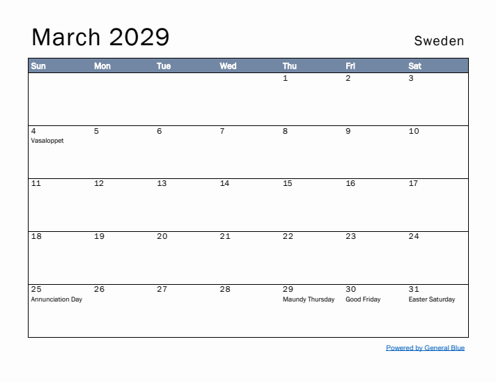 March 2029 Simple Monthly Calendar for Sweden