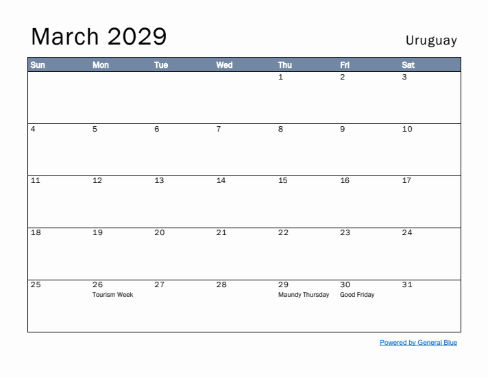 March 2029 Simple Monthly Calendar for Uruguay