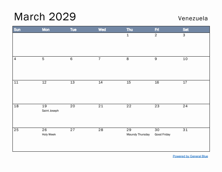 March 2029 Simple Monthly Calendar for Venezuela