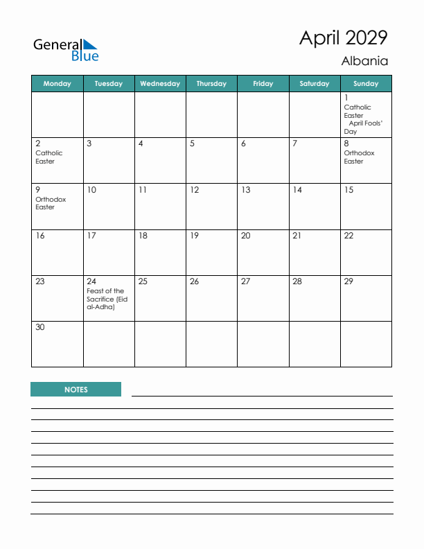 Calendar with Notes Printable - Monday Start