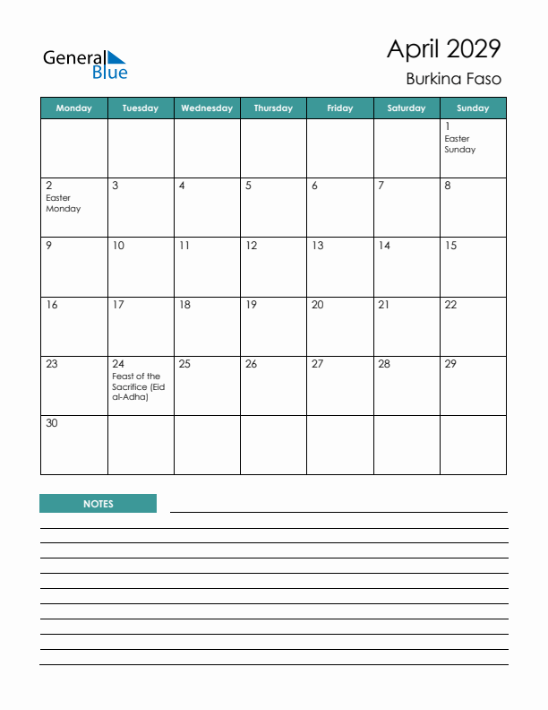 Calendar with Notes Printable - Monday Start