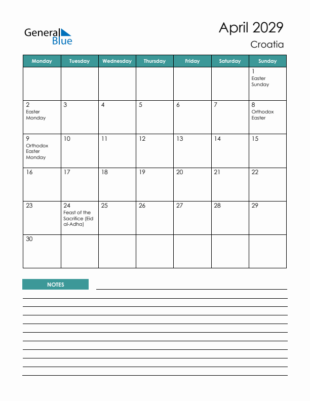 Calendar with Notes Printable - Monday Start