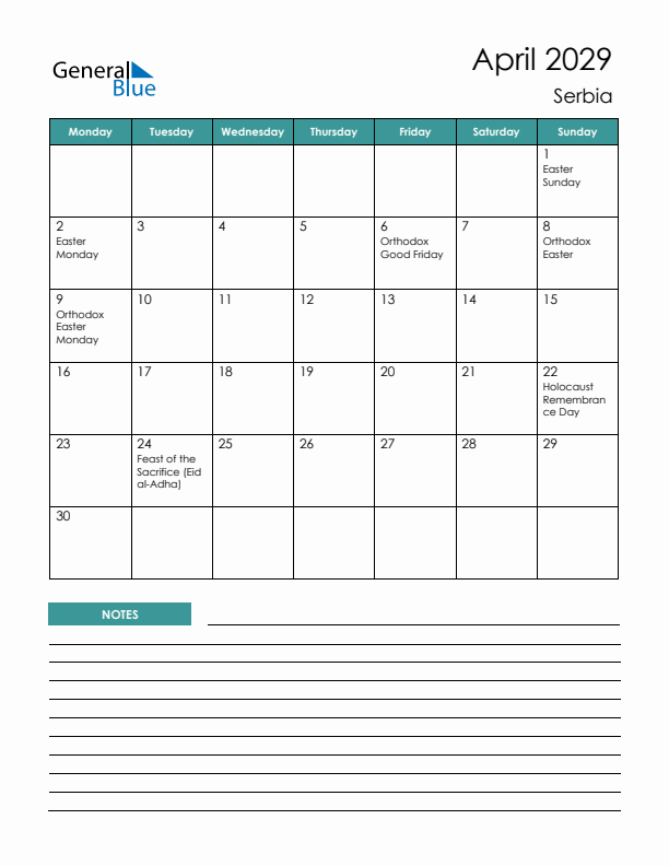 Calendar with Notes Printable - Monday Start