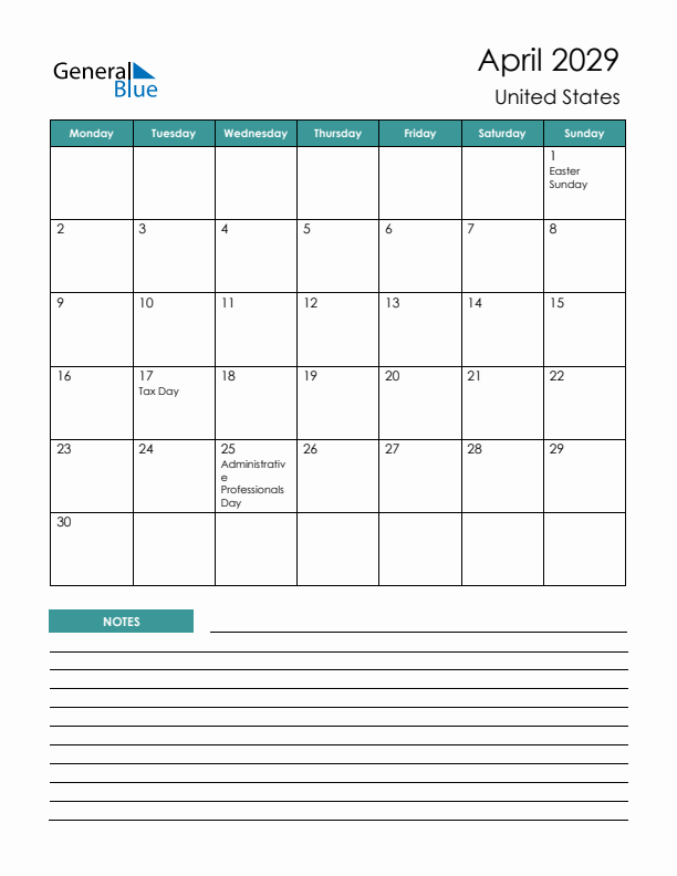 Calendar with Notes Printable - Monday Start