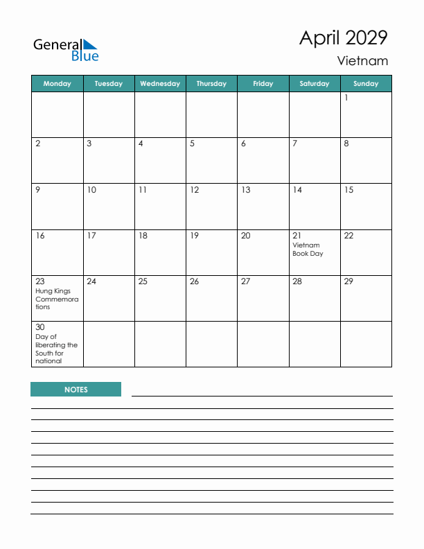 Calendar with Notes Printable - Monday Start