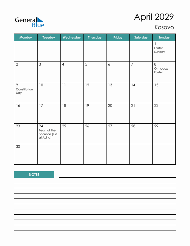 Calendar with Notes Printable - Monday Start