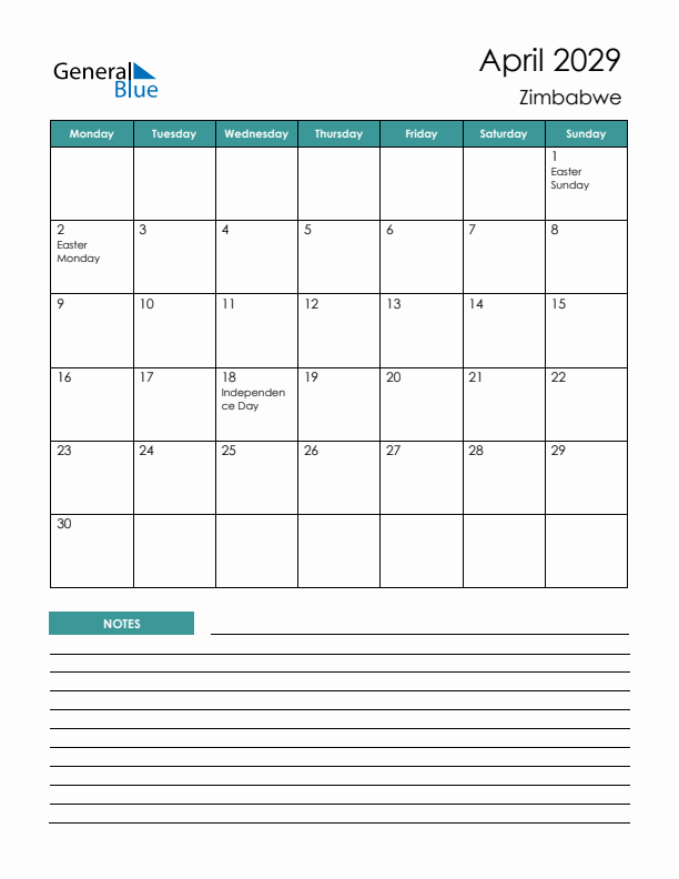 Calendar with Notes Printable - Monday Start