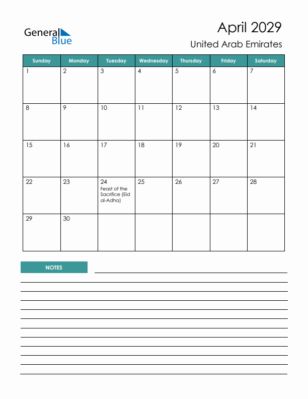 Calendar with Notes Printable - Sunday Start