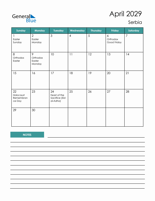 Calendar with Notes Printable - Sunday Start