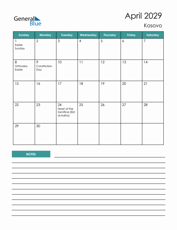 Calendar with Notes Printable - Sunday Start