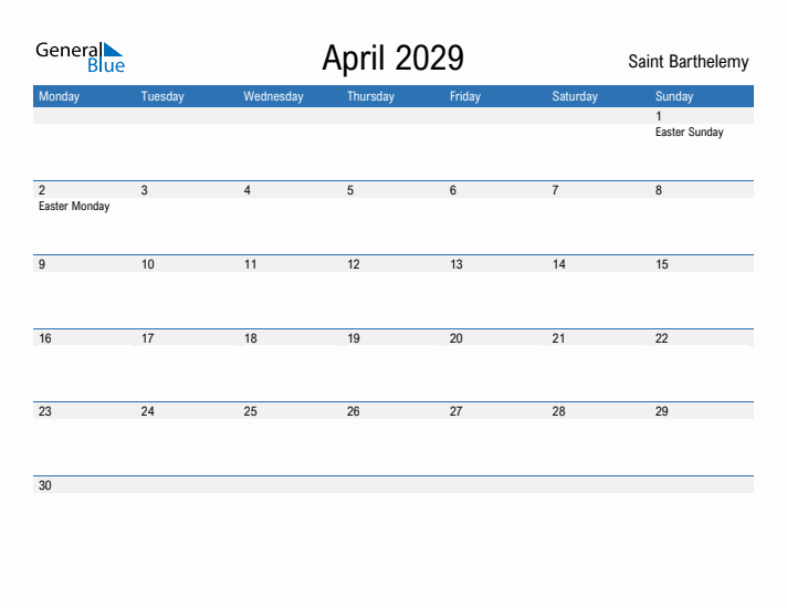 Fillable April 2029 Calendar