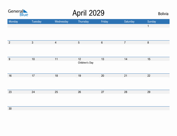 Fillable April 2029 Calendar