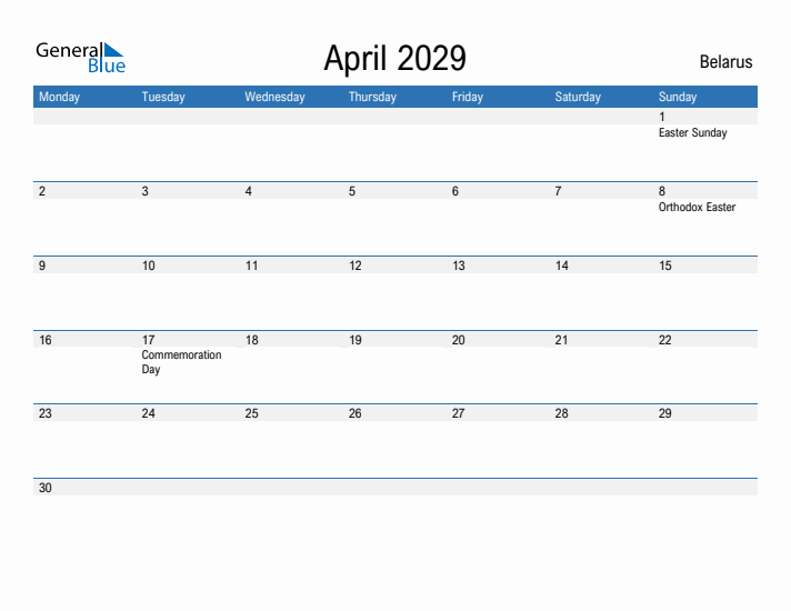 Fillable April 2029 Calendar