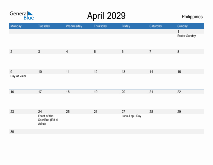 Fillable April 2029 Calendar