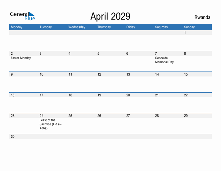 Fillable April 2029 Calendar