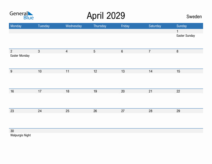 Fillable April 2029 Calendar