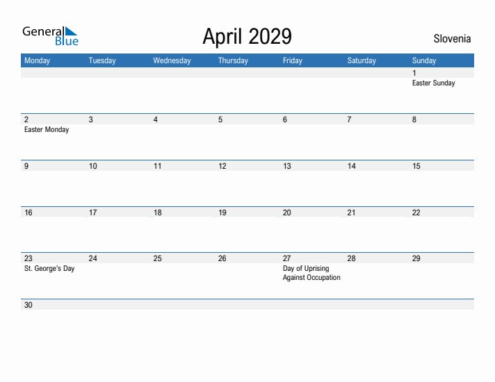 Fillable April 2029 Calendar