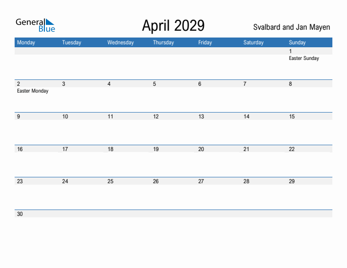 Fillable April 2029 Calendar