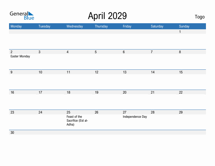 Fillable April 2029 Calendar