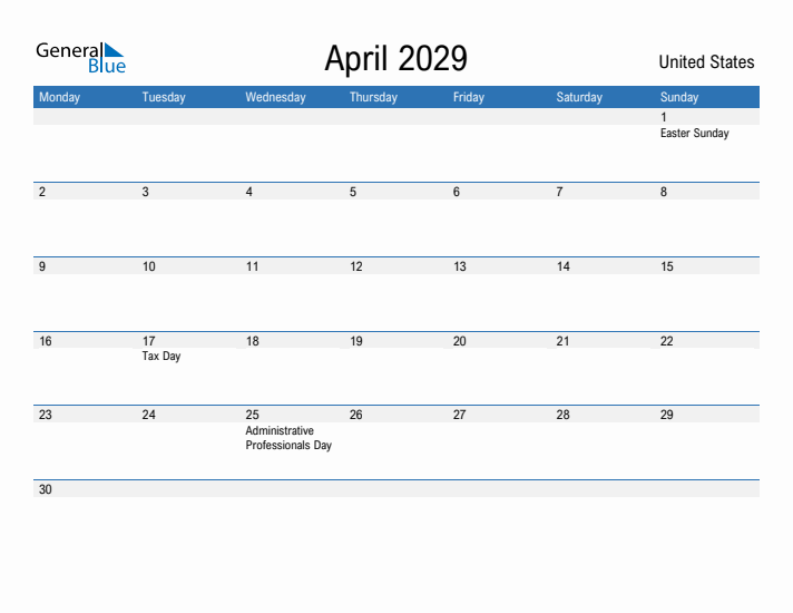 Fillable April 2029 Calendar