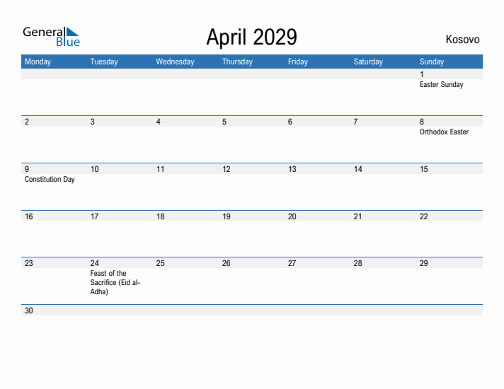 Fillable April 2029 Calendar