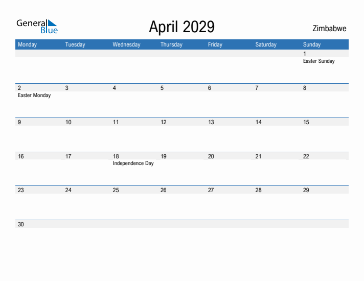 Fillable April 2029 Calendar