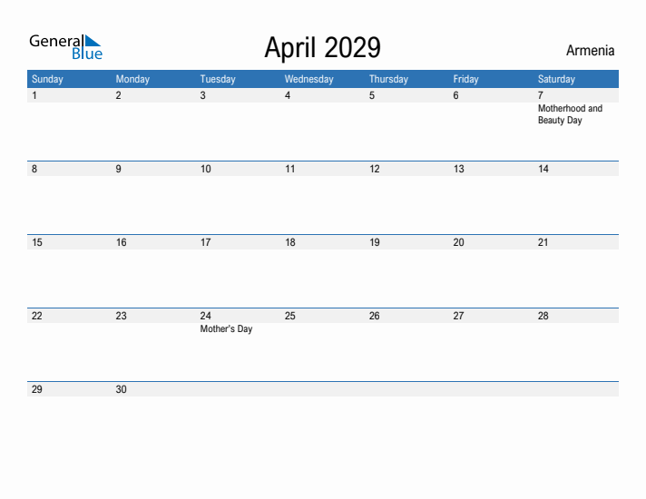 Fillable April 2029 Calendar