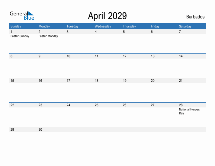 Fillable April 2029 Calendar