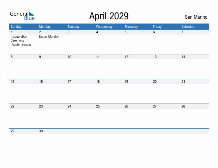 Fillable April 2029 Calendar