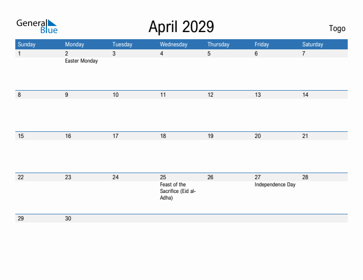 Fillable April 2029 Calendar