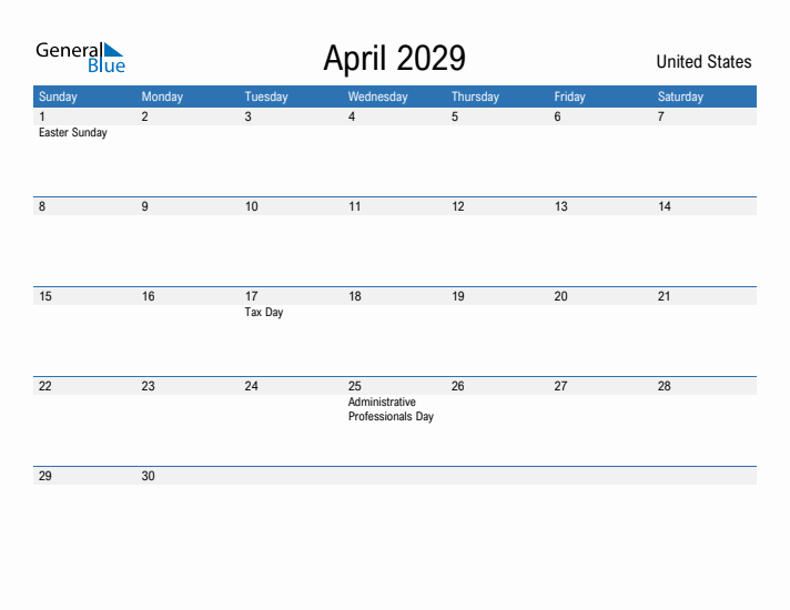 Fillable April 2029 Calendar