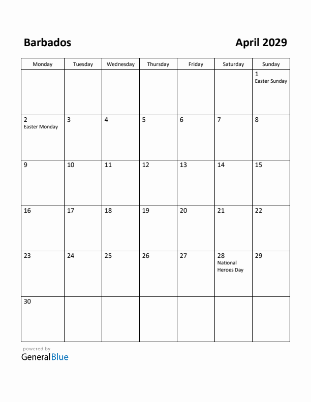 April 2029 Calendar with Barbados Holidays