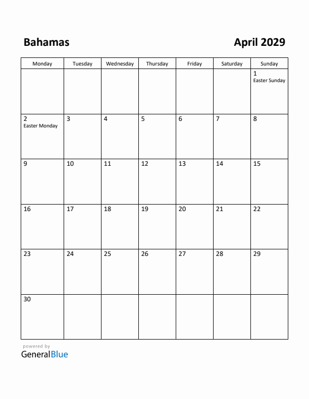 April 2029 Calendar with Bahamas Holidays