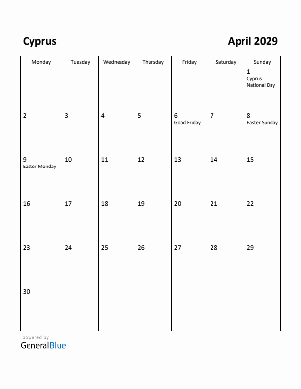 April 2029 Calendar with Cyprus Holidays