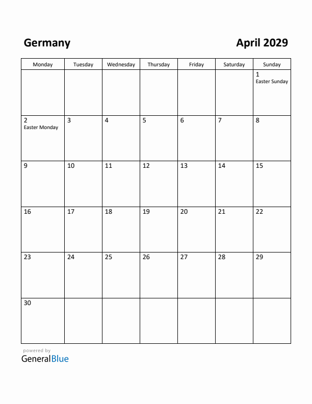 April 2029 Calendar with Germany Holidays