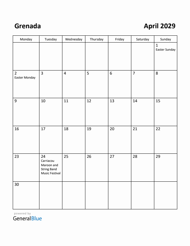 April 2029 Calendar with Grenada Holidays