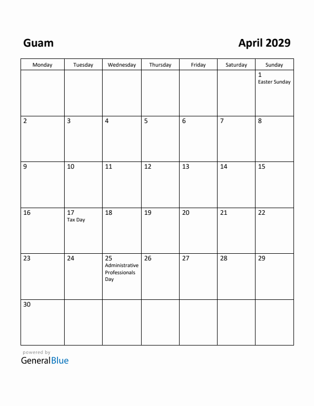 April 2029 Calendar with Guam Holidays