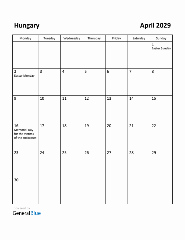 April 2029 Calendar with Hungary Holidays