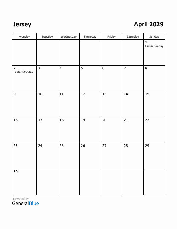 April 2029 Calendar with Jersey Holidays