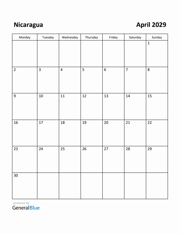 April 2029 Calendar with Nicaragua Holidays