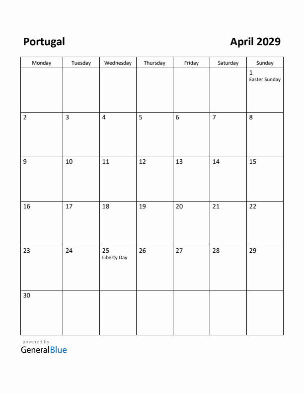 April 2029 Calendar with Portugal Holidays