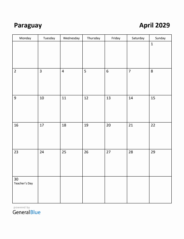 April 2029 Calendar with Paraguay Holidays